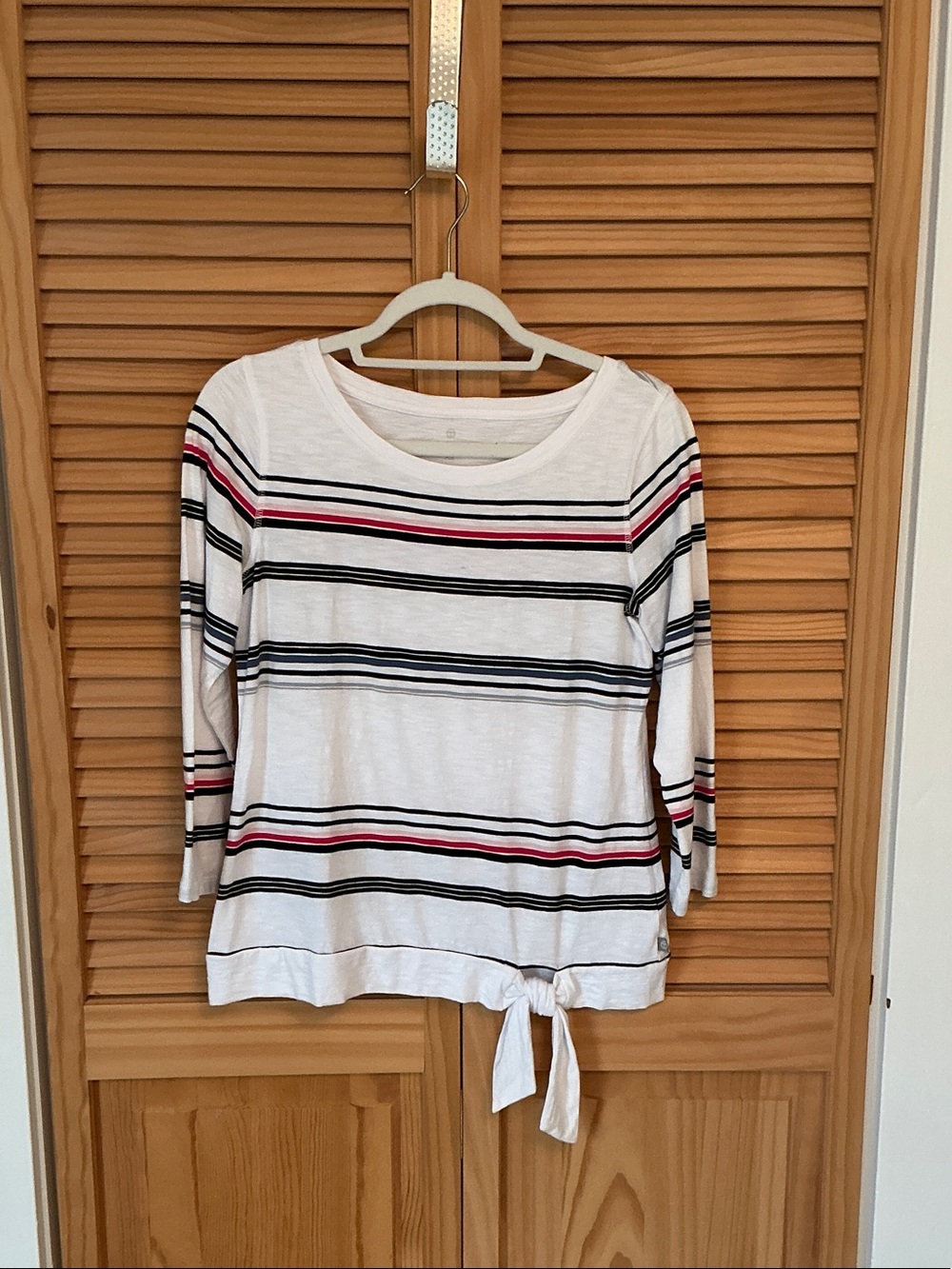 Talbots White Long-Sleeve Striped Tie-Hem Top - Black & Red Accents
